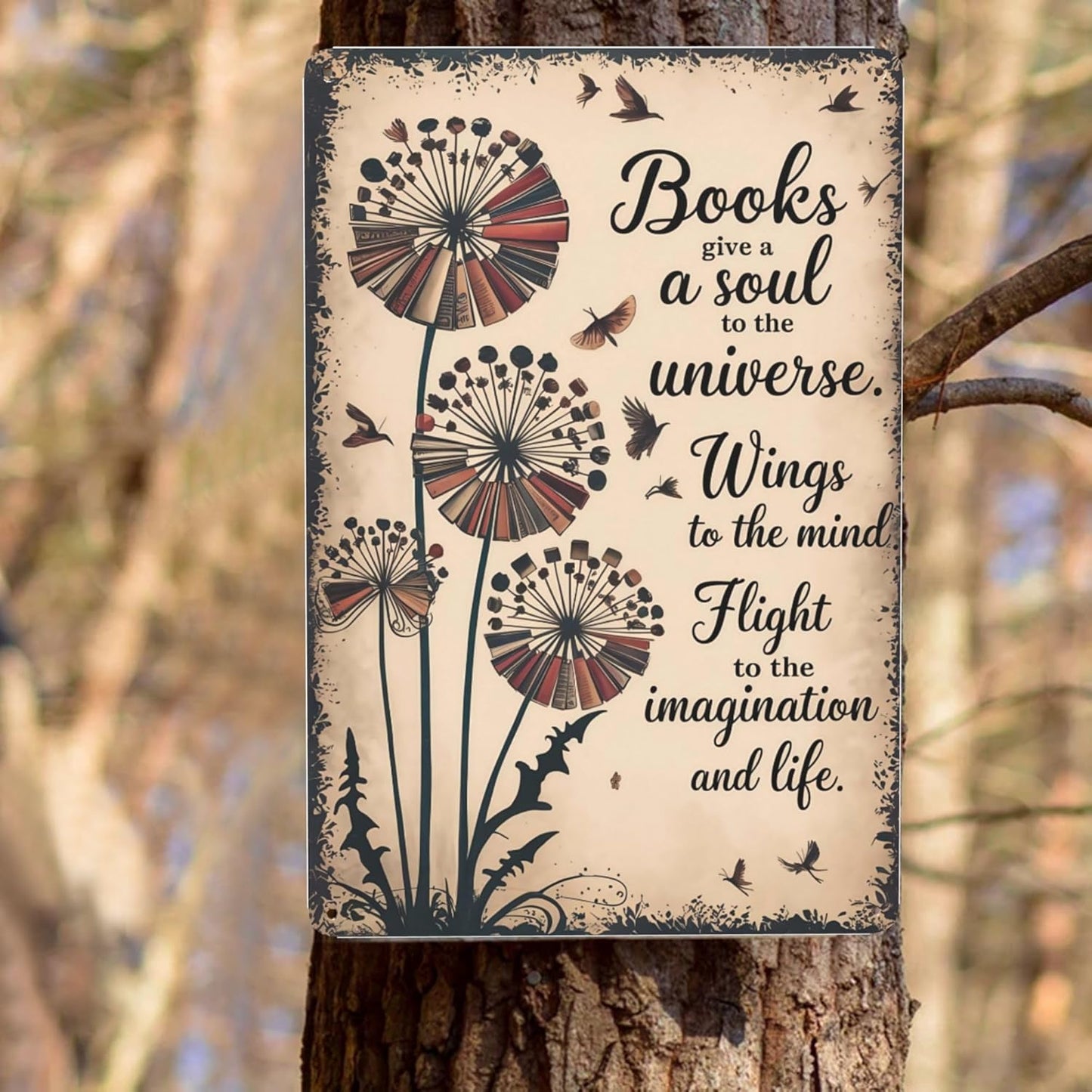 Humorous phrase wall art featuring Love Reading Book Gives Soul Universe Wings To The Mind Metal Wall Sign With Vintage Coating Ideal For Library Decor 8x12 inch metal sign for apartment or dorm