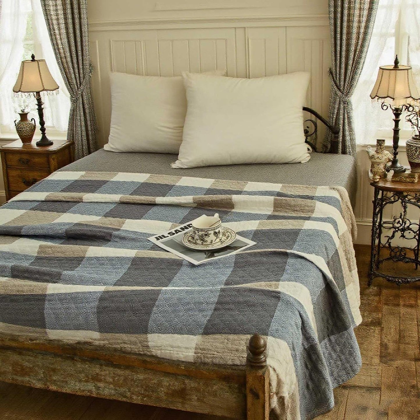 Checkered Throw Blanket, Soft Cozy Reversible 4 Layer Pre-Washed Cotton Blankets Lightweight Breathable Queen Throw Blanket BOR All Season,Blue Checkered, 60" X 80"