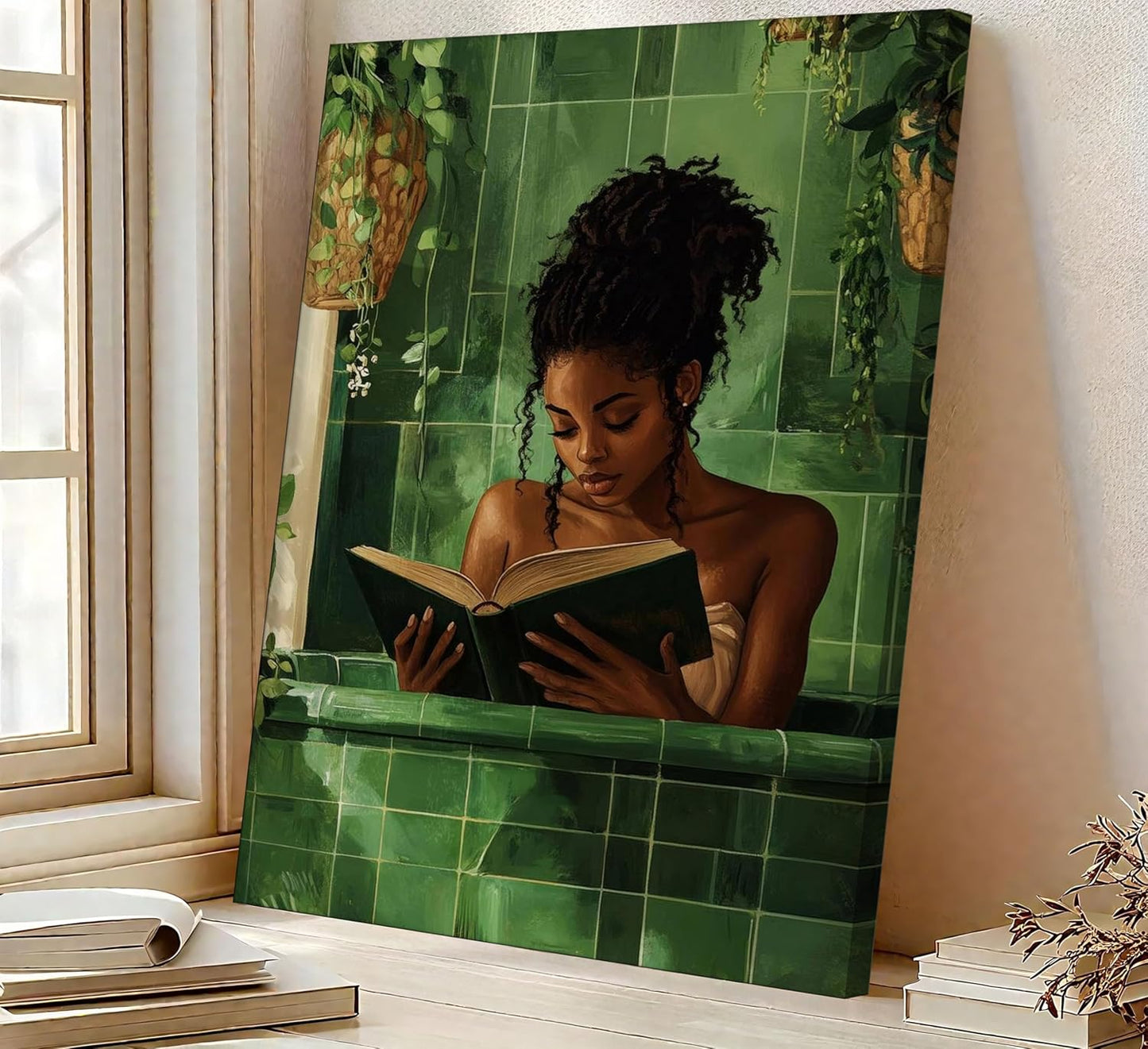 African American Woman Canvas Wall Art Black Girl Reading in the Bathroom Wall Art Picture Green Simplicity Black Woman Reading Poster Print for Study Bedroom Bathroom Artwork Home Decoration