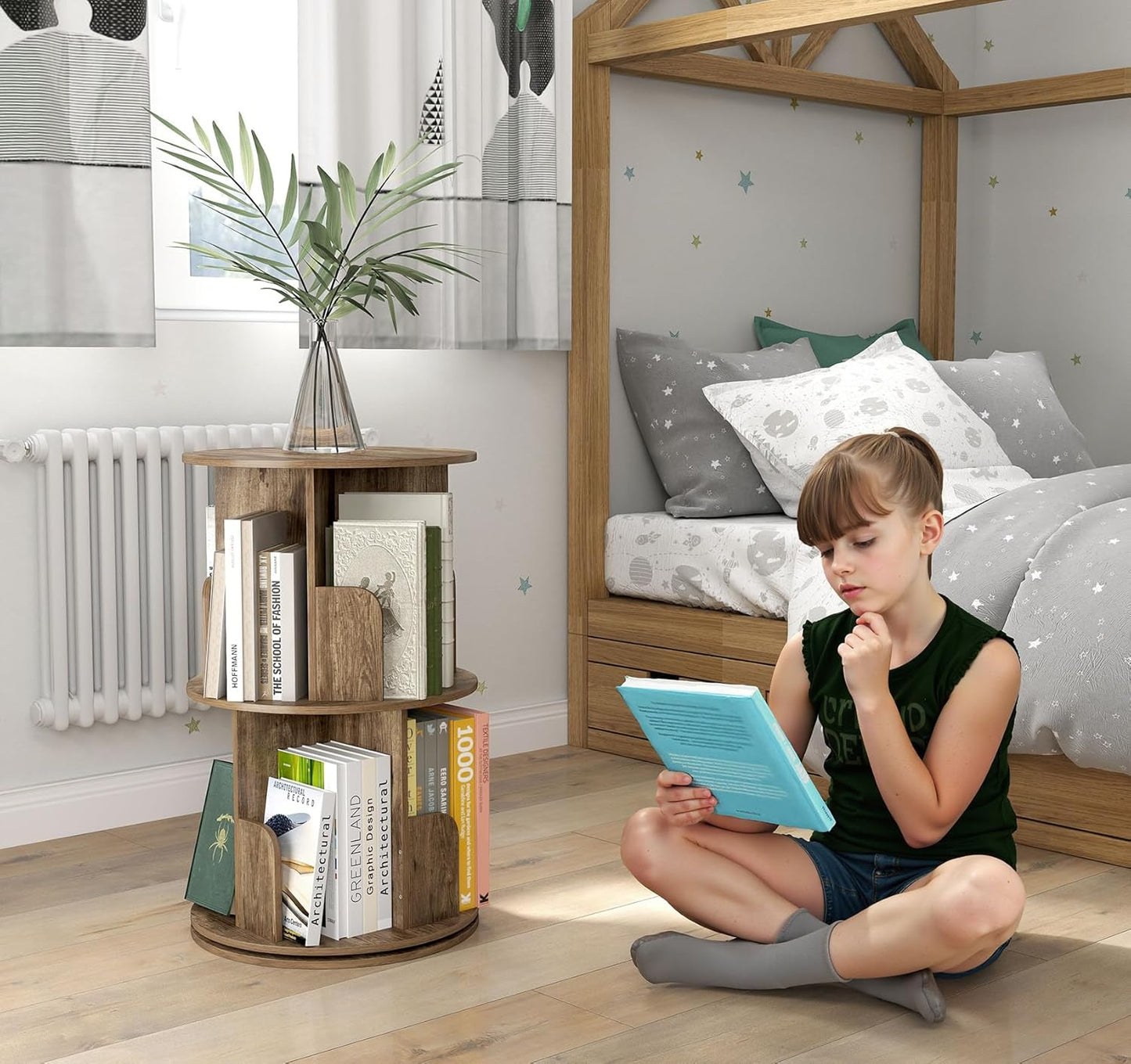 2-Tier Rotating Bookshelf, 360° Display Revolving Bookcase Space-Saving Storage Round Shelf for Corners, Living Room, Bedroom, Office, Kids Room (Light Brown)