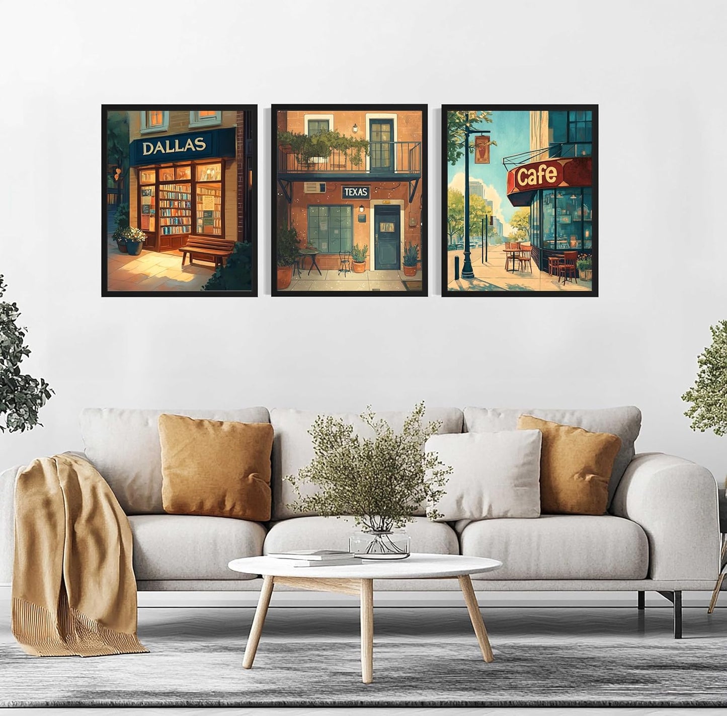 Dallas Texas Art Print Poster, (Set of 3) Vintage Cafe Bookstore Reading Books Wall Art Painting for Living Room Office Decor AAA15 (Dallas Texas, 8 x 10 inches (3 Panels), Unframed)