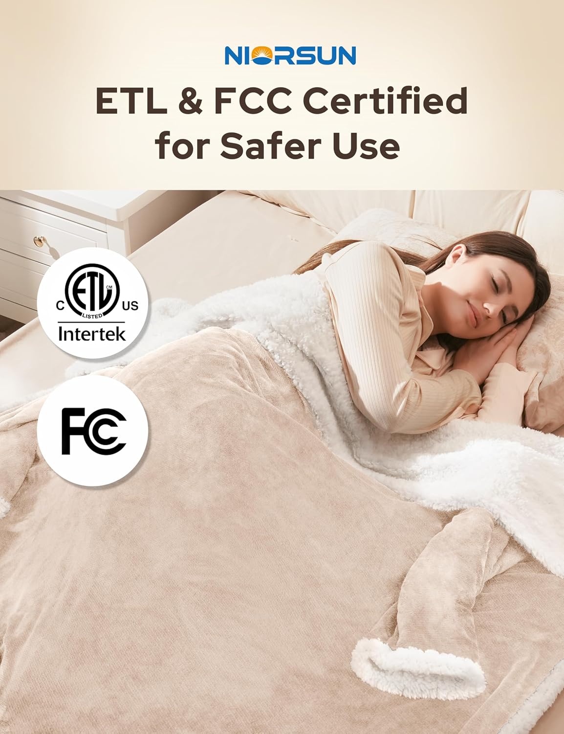 NIORSUN Heated Blanket Throw with Foot Pocket, Wearable Electric Blanket with 9 Heating Levels & 10 Time Settings, Ultra-Soft Flannel & Sherpa, Cozy Gift for Family and Friends, 50 * 70", Beige