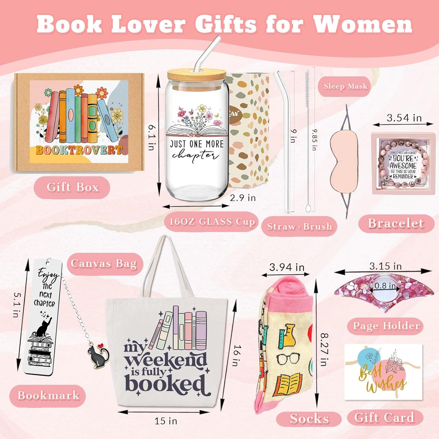 Hqvbvc 8 Pcs Book Lovers Gifts for Women Book Club Accessories Include 16oz Glass Cup Tote Bag Socks Keychain Bookmark Page Holder Birthday Gifts for Readers Librarians, Bookworms Teacher (8pcs)