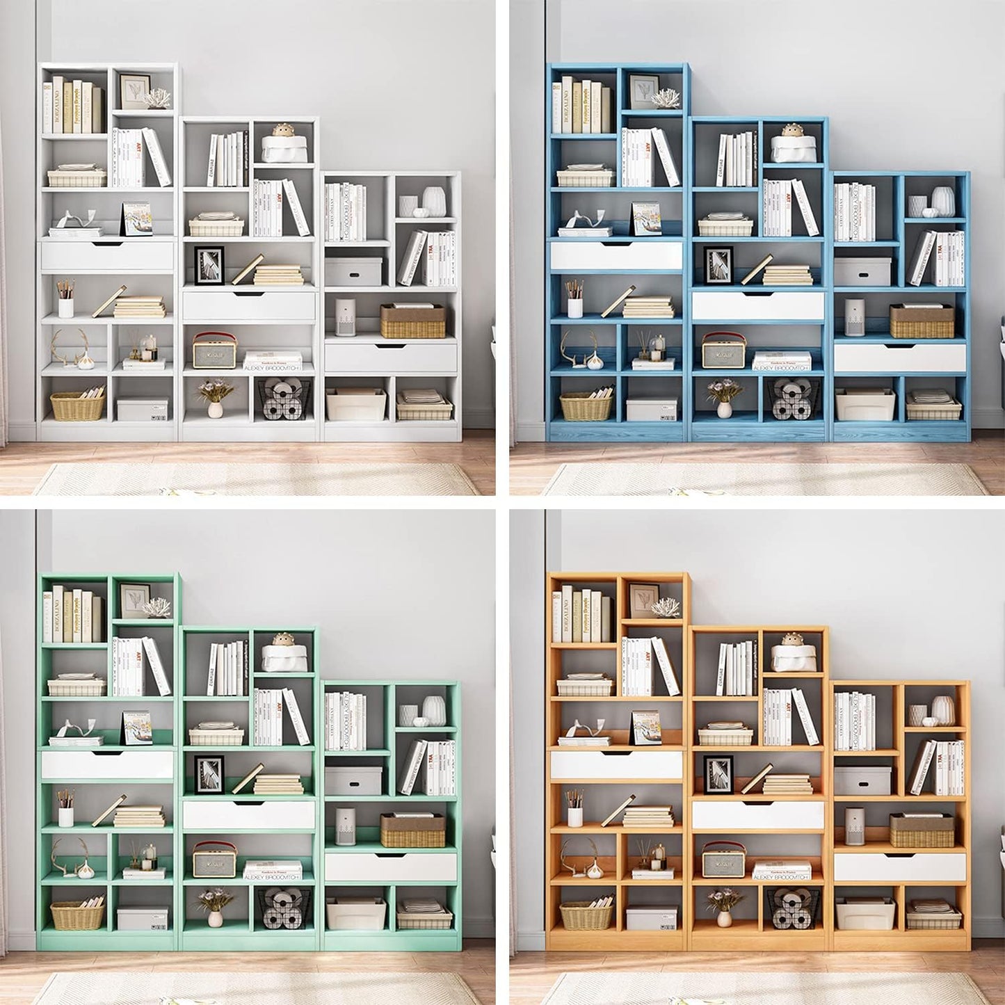 IOTXY Wooden Open Shelf Bookcase - 71 Inches Tall Freestanding Display Storage Cabinet Organizer with 10 Cubes and a Drawer, Floor Standing Bookshelf in Maple Yellow