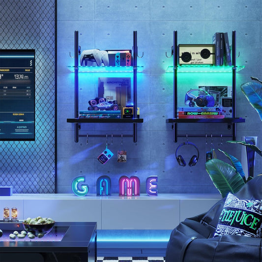 Bestier LED Gaming Floating Shelves for Wall, 15" Wall Mounted Shelf Pipe Glass Shelves, 2 Tier Hanging Display Rack with 6 S-Hooks Towel Bar, Gaming Room Decor Shelf, Carbon Fiber Black