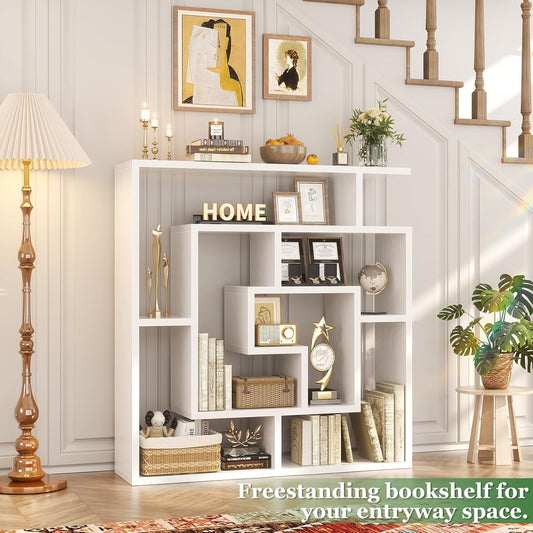 6-Tier Geometric Bookcase — Wall Mounted & Freestanding, 45.5×47 in, White