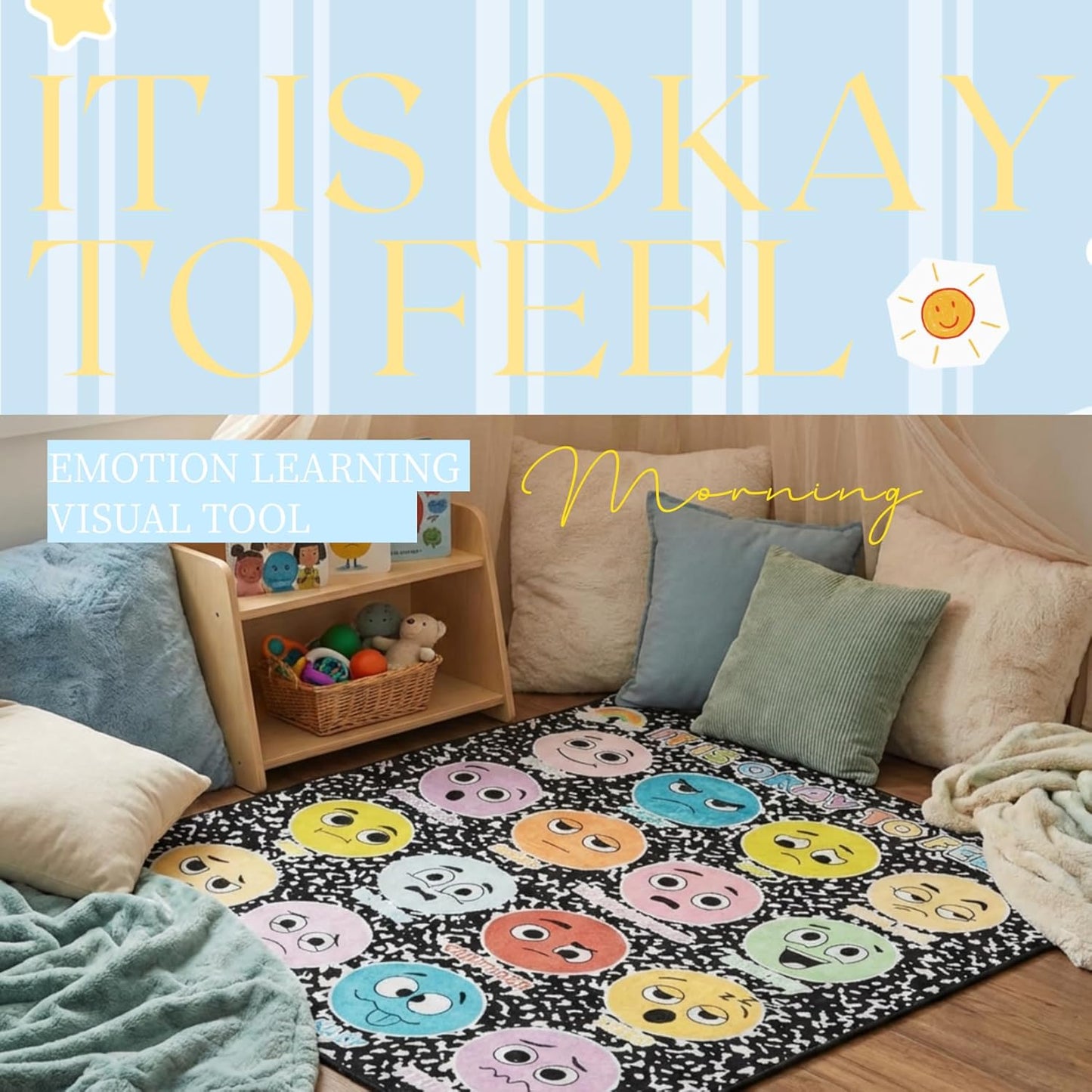 4x3.3FT Composition Notebook Calm Down Classroom Rug Playroom Rug with Emotion Faces Chart Soft Anti-Skid Floor Mat for School Preschool Daycare Bedroom Mental Health Social-Emotional Learning Decor