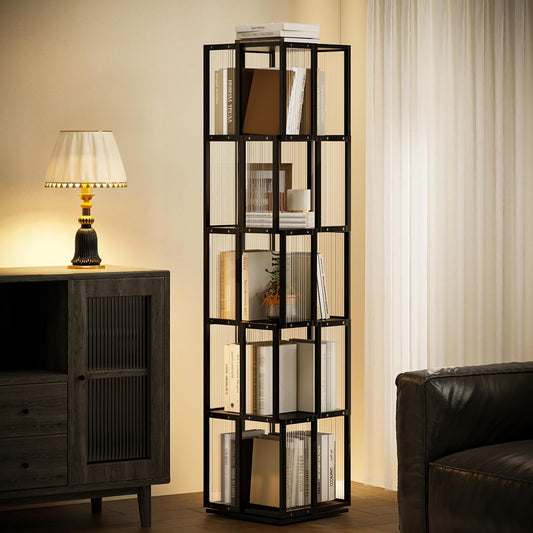 BAMEOS Solid Wood Rotating Bookshelf Tower 5 Tier,360°Storage Spinning Bookcase, Black Cube Corner Bookshelf for Office,Bedroom and Living Room