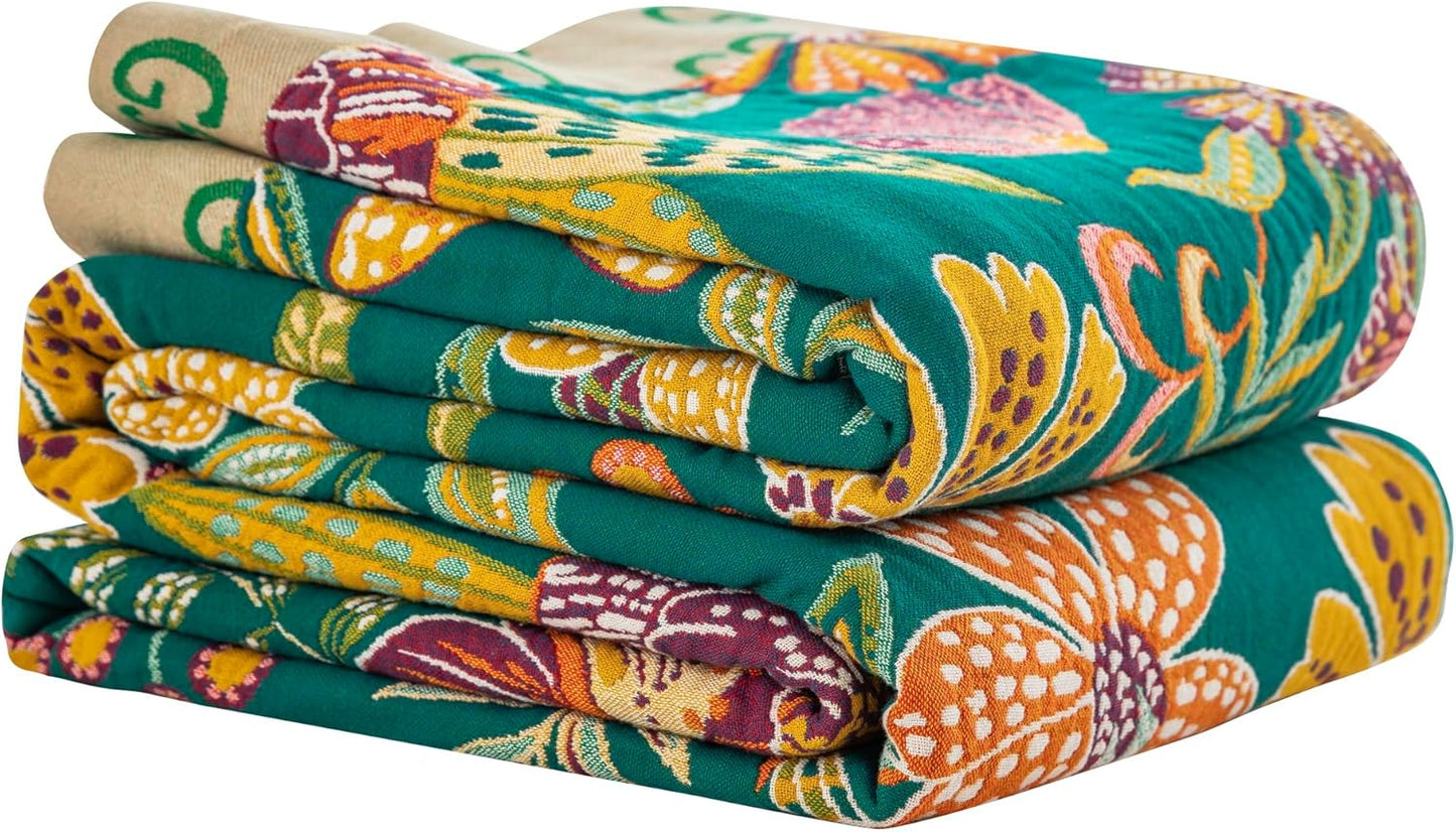 100% Muslin Cotton Throw Blanket for Bed Couch Chair, Bohemian Floral Colorful Retro Quilt Ultra Soft Reversible Gauze Blanket for All Season, 80"x90"