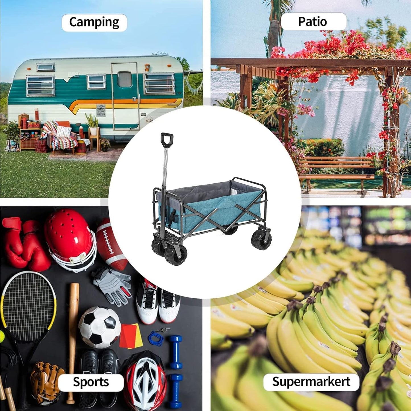 Heavy Duty Collapsible Folding Wagon Cart for Outdoor, Camping & Gardening - Portable Beach Utility Cart, 220lbs Capacity, Grey - Ideal for Groceries & Sports Activities