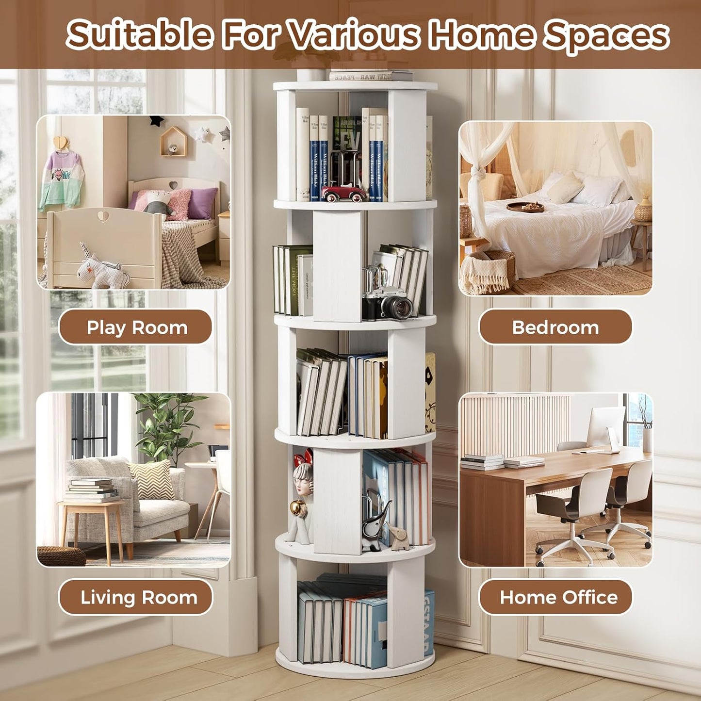 5 Tier Rotating Bookshelf Tower, 360° Display Round Bookcase, Floor Standing Corner Revolving Bookshelf Organizer Storage Rack for Home Study Office, White