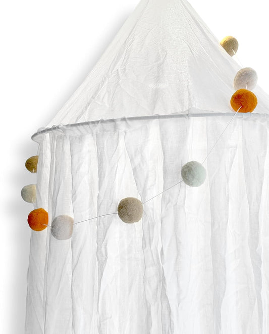 100% Cotton Kids Bed Canopy for Child Bedroom | Pom Pom String Accessory & Nursery Crib Hanging Curtain | Mosquito Net Bedding for Girls Play Room Decoration | Reading Nook Canopies Toddler Dome Tent