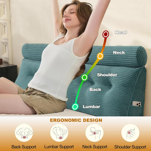 Headboard Pillow Twin, Large Triangular Wedge Cushion with Neck Roll Pillow for Reading Sitting Working, Backrest Positioning Support Bodypillow with Removable Washable Cover for Bed Dorm Sofa