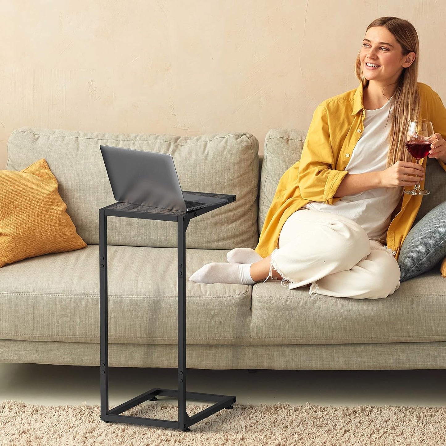 C Shaped End Table Living Room Set of 2 Tray Tables with Metal Frame for Small Spaces, Side Table for Couch Slide Under Sofa, Bedroom, Dark Gray