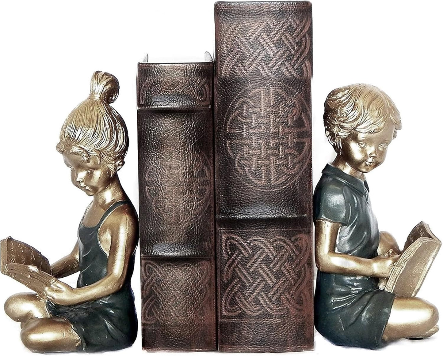 Bellaa 22951 Boy Girl Bookends Vintage Studious Reading Scholar Bookrack Stoppers for Heavy Duty Book Ends Holder Stand Decorative 8 inch