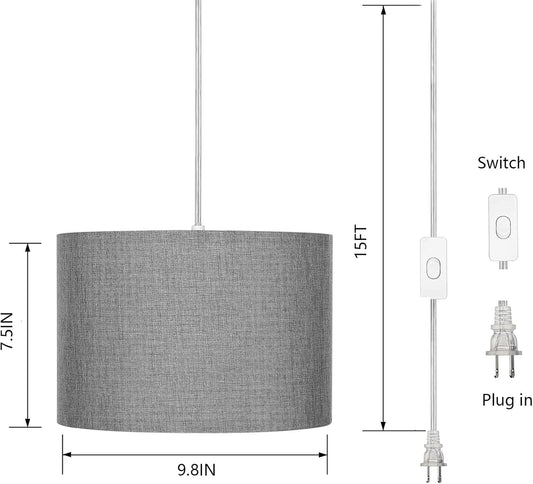 15FT Plug in Pendant Light, Hanging Lamp with Switch,Gray Hanging Lights with Plug in Cord, Pendant Lamp with Remote Control,Pendant Light Fixture for Living Room Bedroom Farmhouse