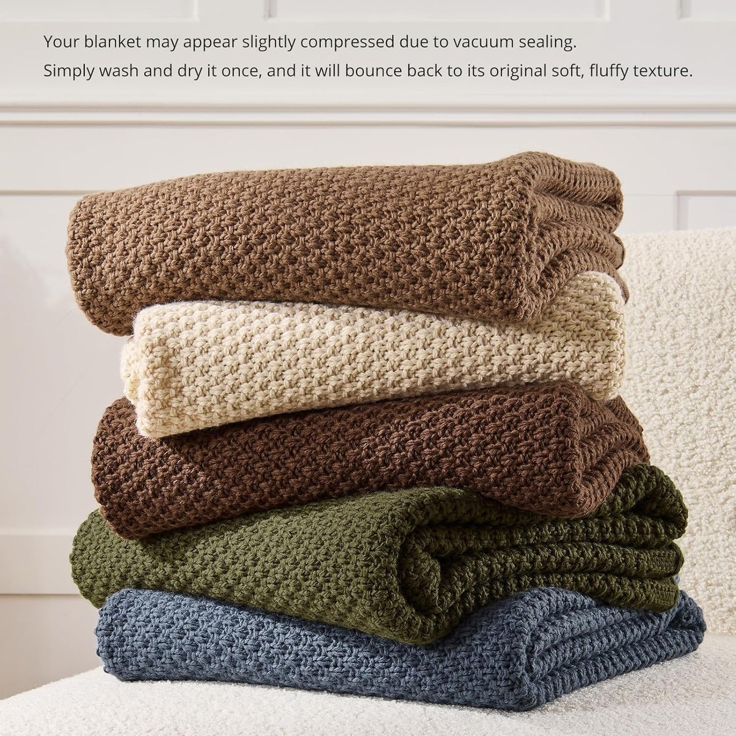Blue Throw Blanket, Knit Throw Blanket for Couch, Soft Cozy Warm Lightweight Reversible Decorative Moss Stitch Cable Knitted Blankets for Bed, 60x80 Inches, Dusty Blue