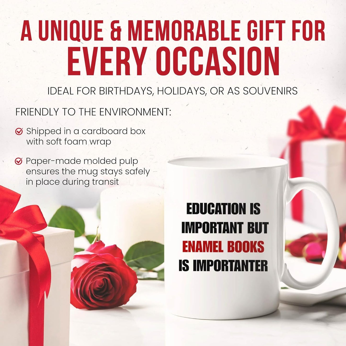 Education Is Important But Enamel Books Is Importanter Mug - Lover Coffee Cup - Bibliophile Funny Gift From - Literary Enthusiast Tea Mugs - Reading Cups - 11 Oz Ceramic Gifts For Collectors