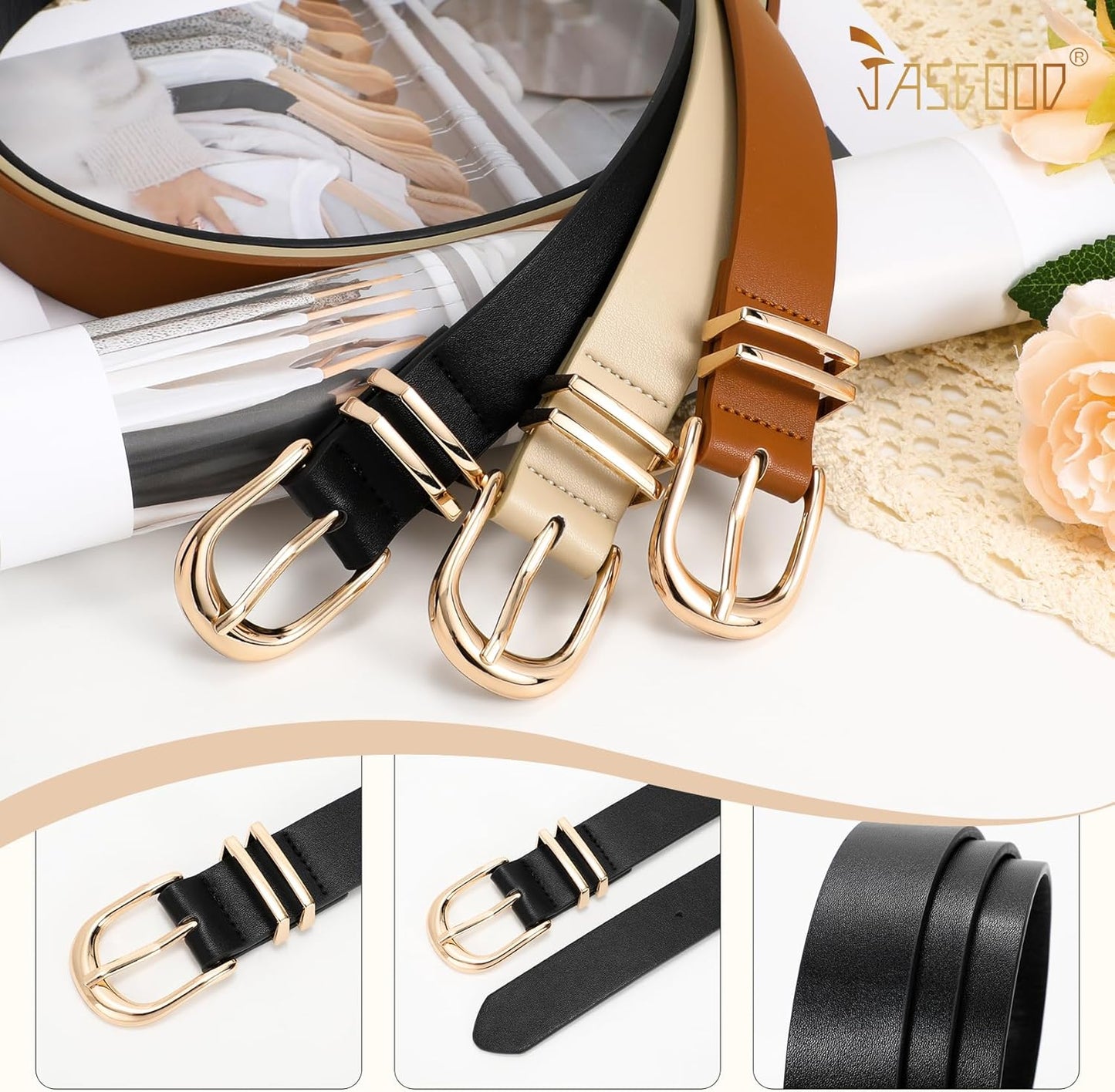JASGOOD 3 Pack Women Leather Belts For Jeans Dresses Pants Ladies Faux Leather Waist Belt with Gold Buckle