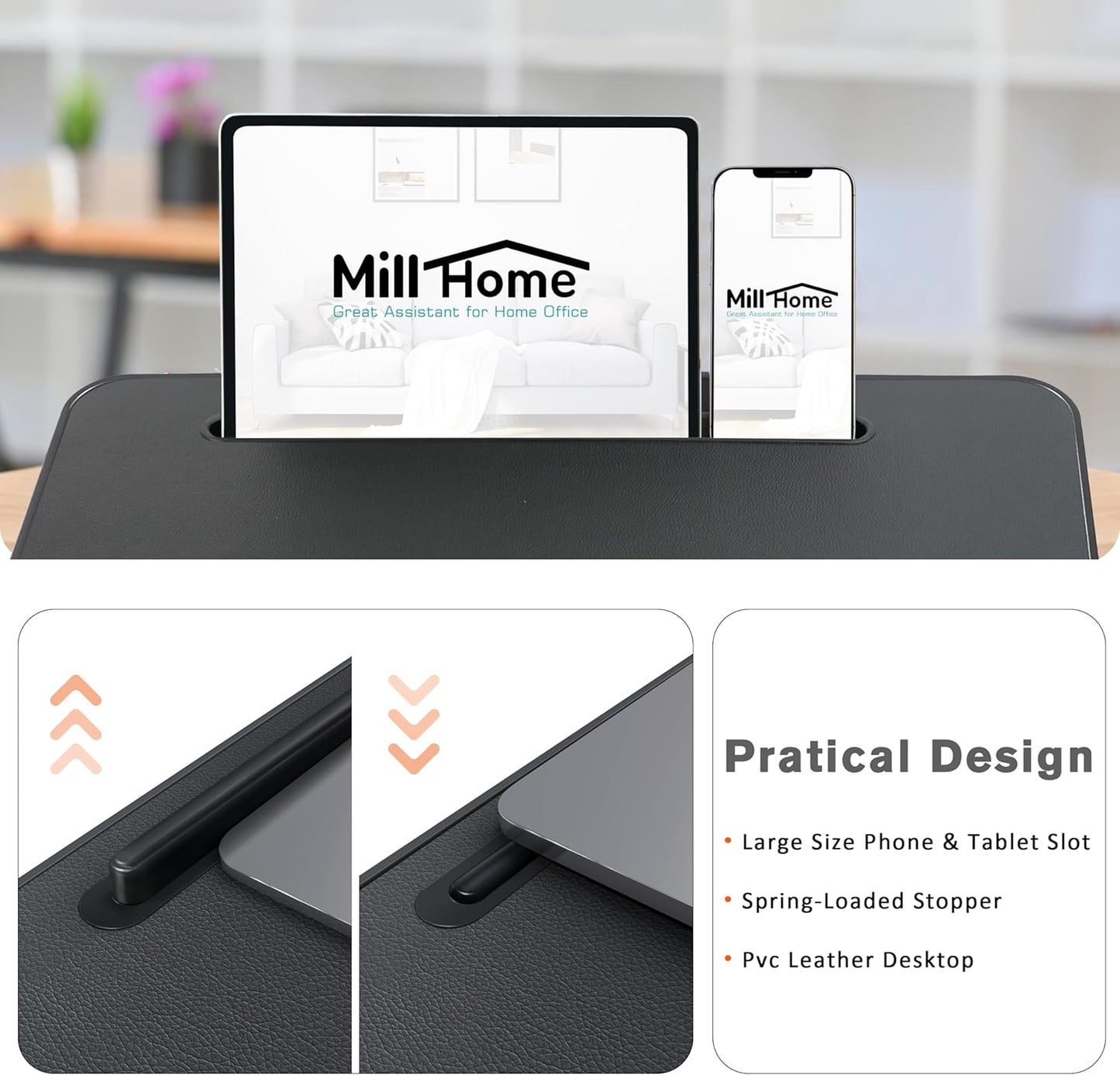 Millhome Lap Desk | Portable Laptop Desk – Fits Up to 17.3" Laptops – Washable Cushion, Adjustable Strap, Phone Holder – Ideal for Short Road Trips or Writing, Working, Reading on Bed, Couch – Black