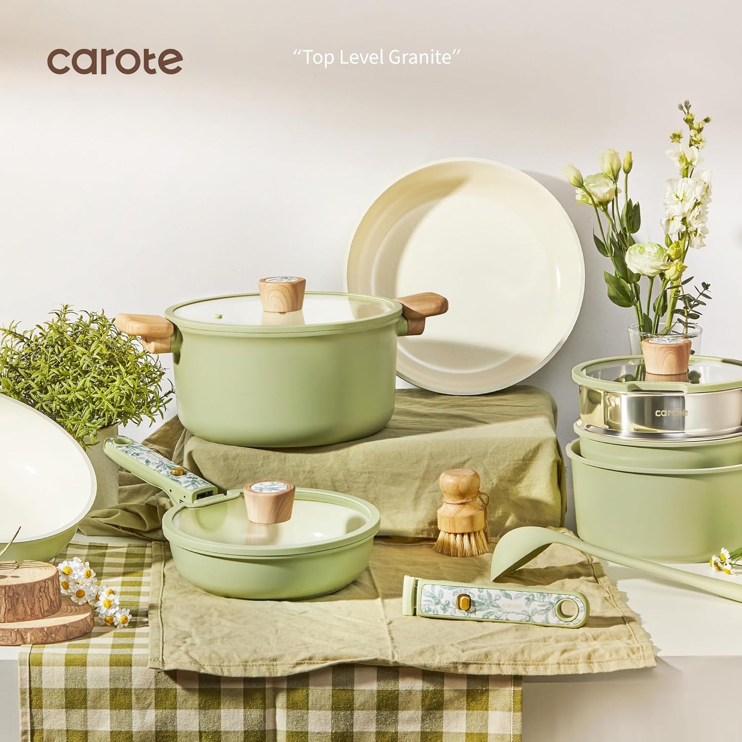 CAROTE 25-Piece Ceramic Cookware Set, Nonstick Pots and Pans Set with Detachable Handle, Non-Toxic Kitchen Cooking Set, Dishwasher & Oven Safe, Induction Compatible, PFAS Free, Green