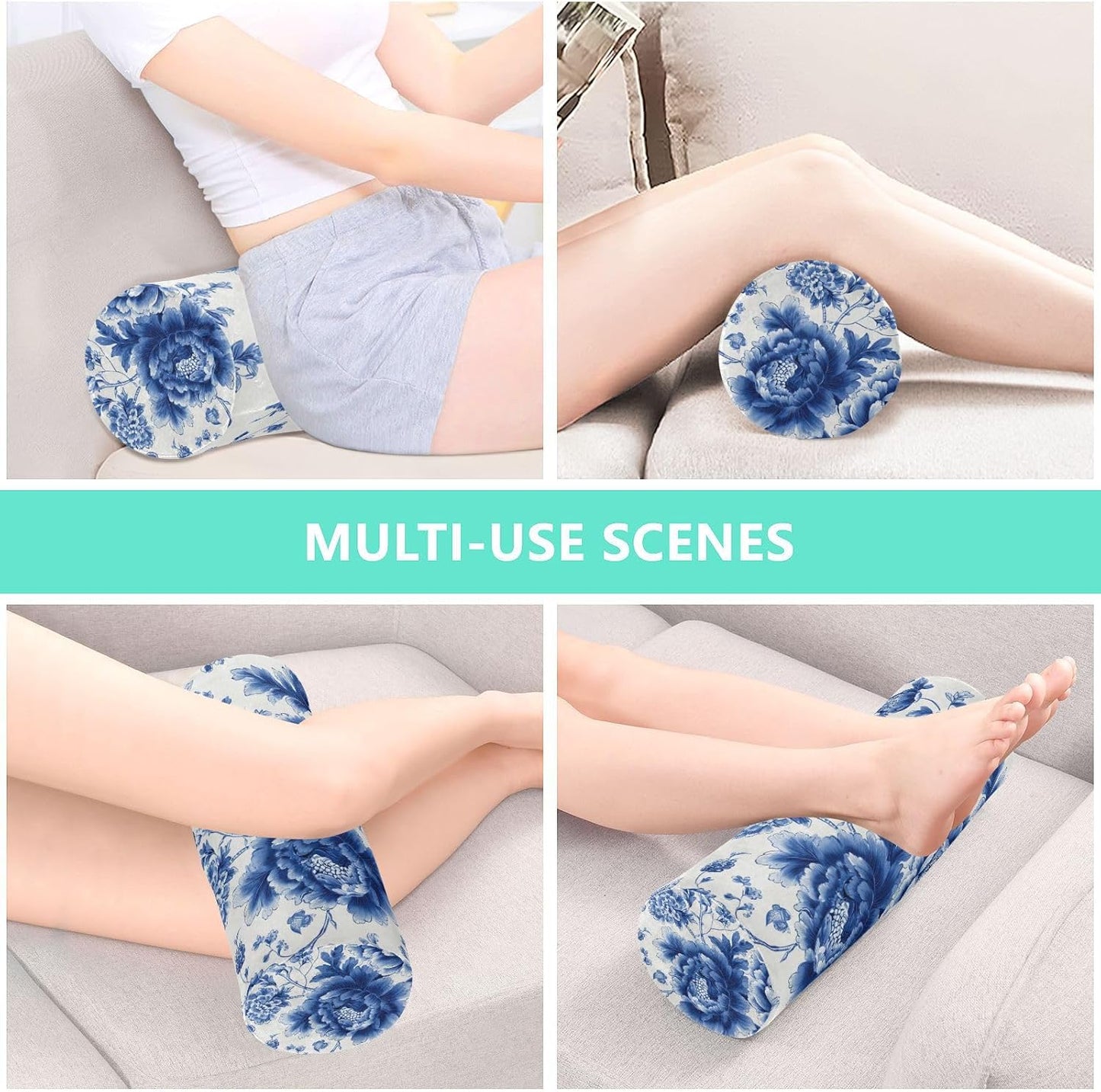 Blue and White Peony Flowers Butterfly Neck Roll Pillow Bolster Round Health Memory Foam Long Cervical Cylinder Pillows with Removable Washable Cover for Body Bed Legs Back Yoga