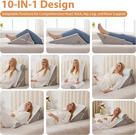 Wedge Pillow Set for After Surgery, Wedge Pillow for Acid Reflux, Bed Wedge Pillow with Adjustable 9&12inch for Headboard,Sleeping, Orthopedic Memory Foam for Neck&Back Support, White/Grey