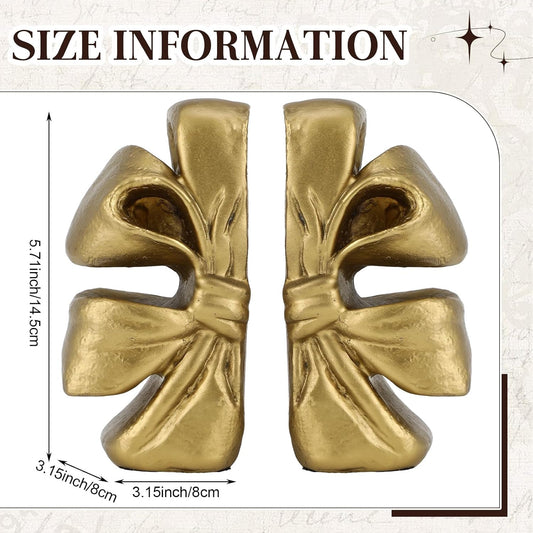 Vintage Gold Bow Bookend Set of 2 Heavy Duty Decorative Bowknot Book Ends Resin Bookends with Non Slip Felt Base Muted Matte Book Stopper Holder Shelf Organizer for Desk Home Office Decor