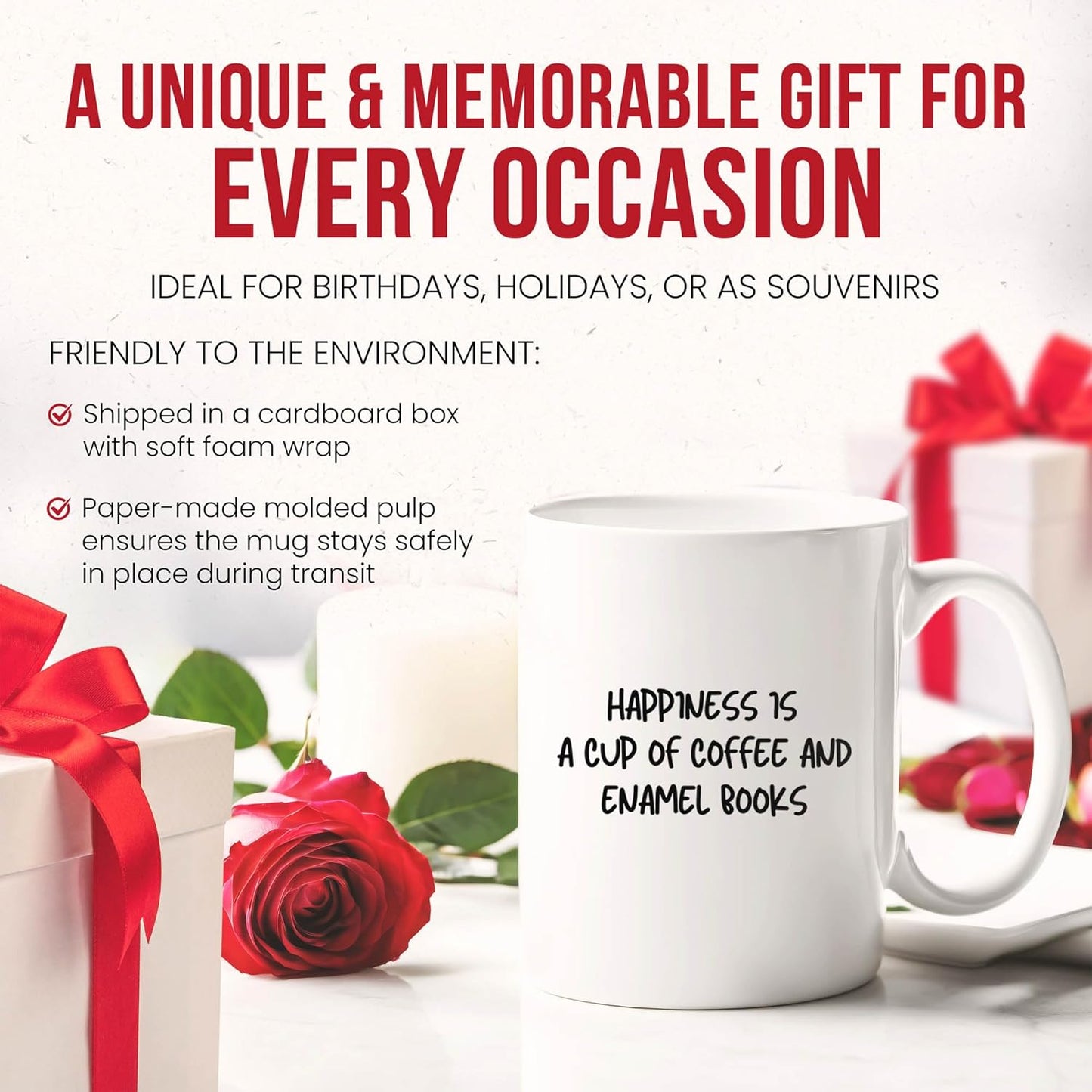Hapiness Is Coffee And Enamel Books Mug - Literary Cup - Bookworm Funny Gift From - Reading Tea Mugs - Bibliophile Cups - 11 Oz Ceramic Gifts For Book Birthday, Him, Her, Appreciation, Bibliophiles