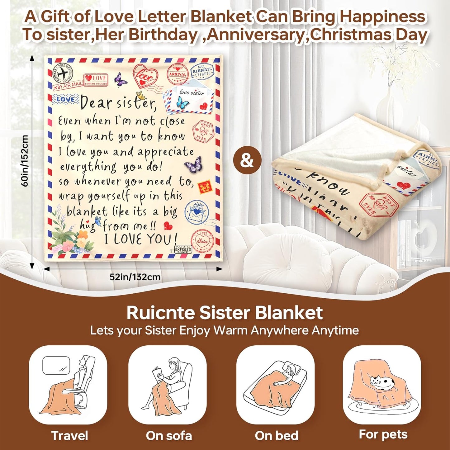Sister Gifts Throw Blanket for Sisters Mother's Day,Sister Birthday Gifts,Super Soft Flannel Love Present A Letter Blankets with Butterfly 52"x60" for Christmas,Valentines Day,Bed,Couch