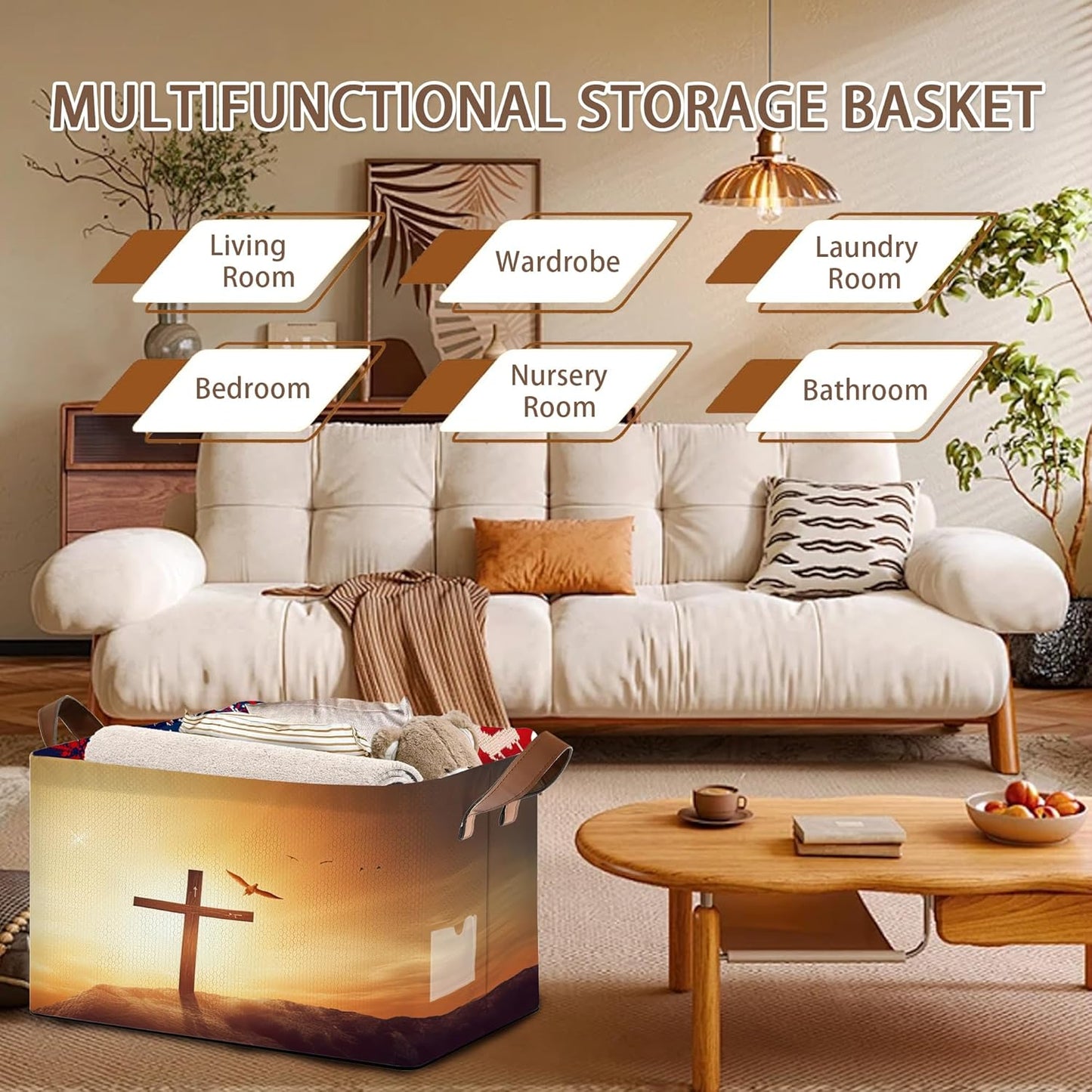 Cross Pattern Collapsible Storage Box - 17x11.5x10.5 Inch Foldable Organizer for Seasonal Decor, Religious Decorations, Under Bed Home Decor, Closet, Church Storage - Single Pack No Lid