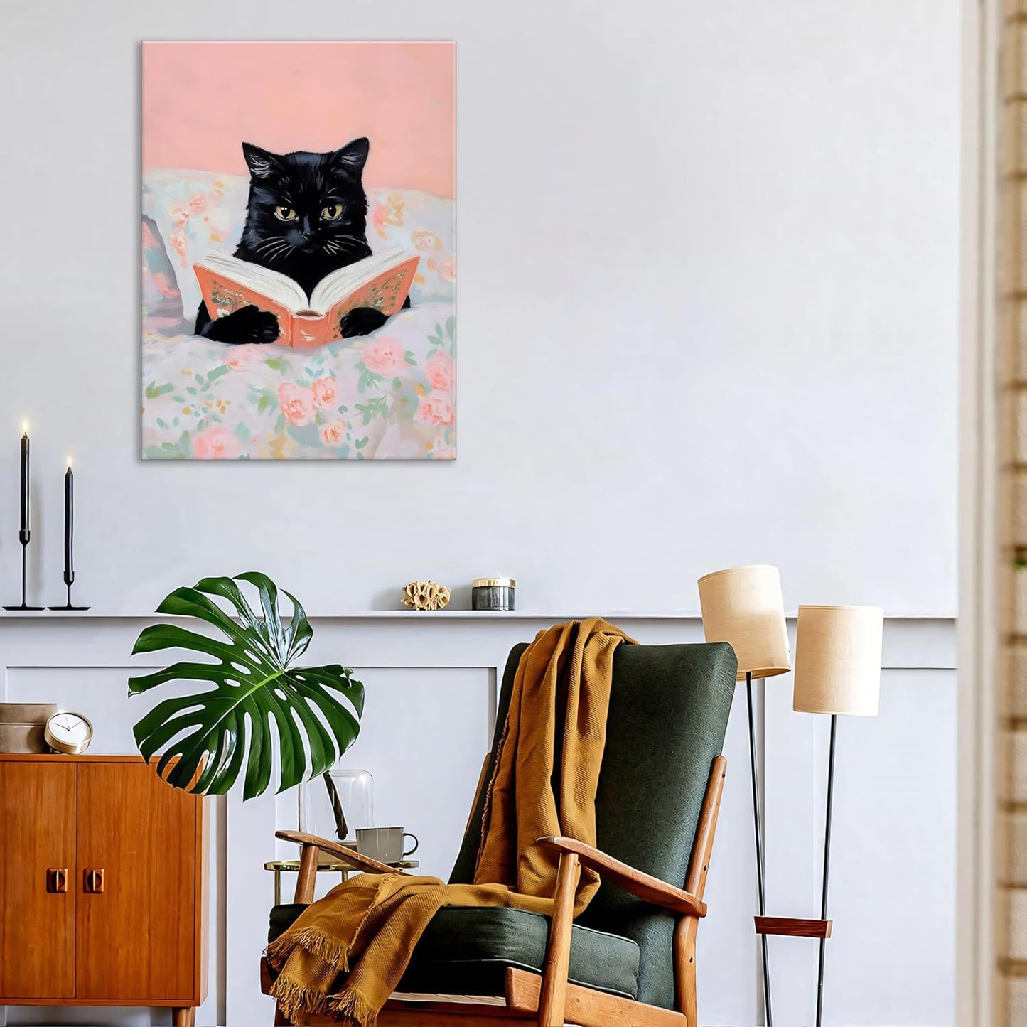 Framed Cats Canvas Wall Art, Funn Black Cat Reading Books Picture Wall Decor, Pink Vintage Animal Poster Prints for Girls Room Bedroom Kids Room Living Room Bathroom Decor 16x24 inch