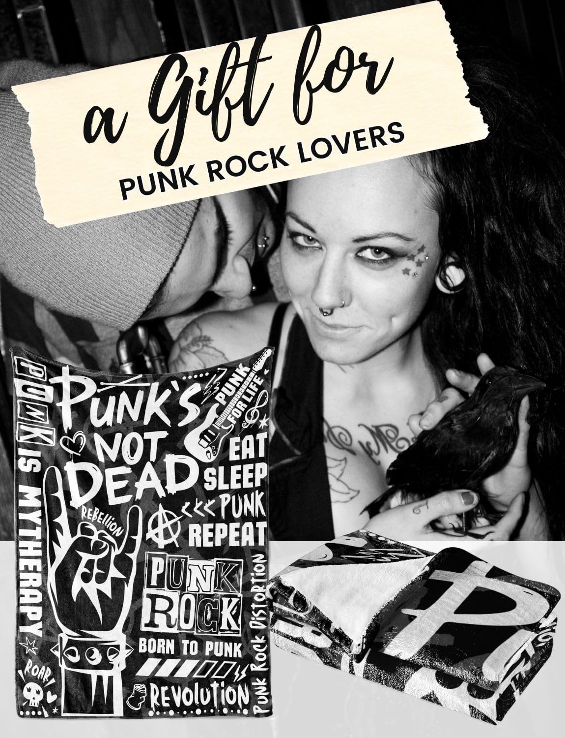 Punk Gifts, Punk Rock Blanket for Punk Lovers, Rock N Roll Lovers, Punk's Not Dead Throw Blanket, Flannel Blanket 65 x 50 Inches - Black