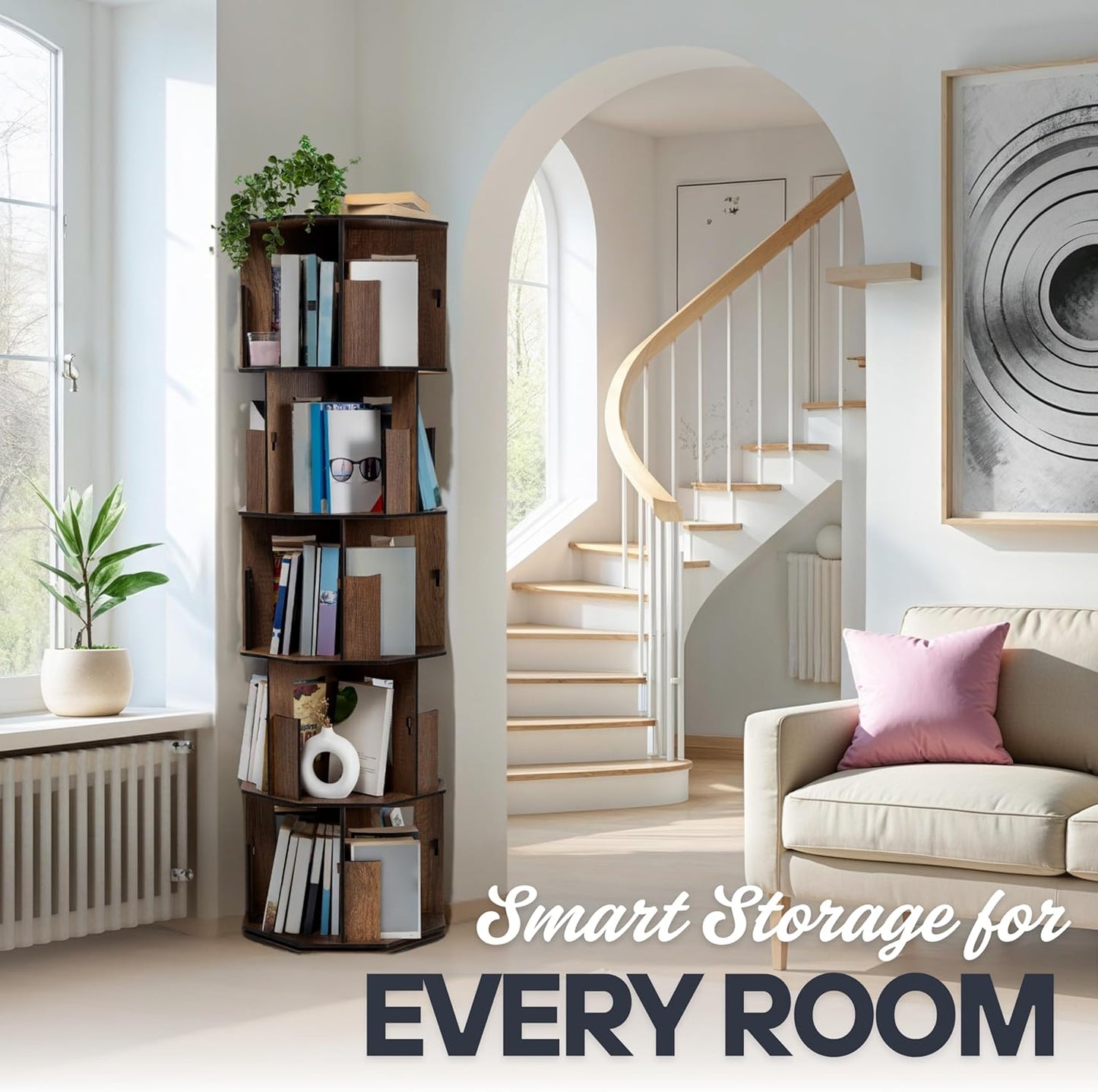 5 Tier Rotating Bookshelf Tower with Lazy Susan – Spinning Bookshelf Tower, Revolving Bookcase, Turning Book Shelf, Rotating Bookcase with 360° Rotating Shelf & Revolving Book Shelf, Walnut