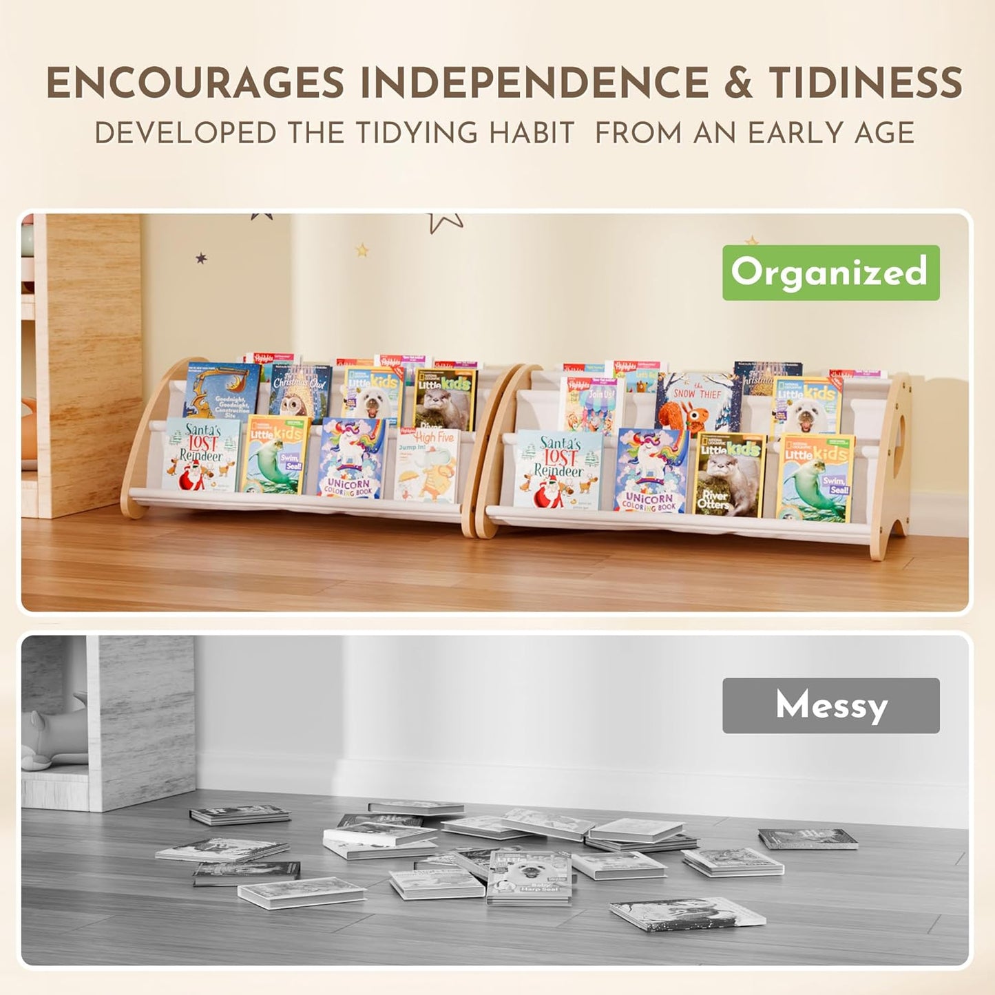 Kids Bookshelf, 4-Tier Montessori Book Shelf for Kids Rooms, Easy Installation, Eco-Friendly Wooden Storage Organizer,28.7” x 15.7” x 13.6” Natural/White