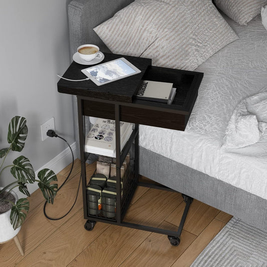 LIDYUK C Shaped End Table with Charging Station, Flip Top Side Table with USB Ports and Outlets, C Table Sofa Table with Storage Shelf for Living Room, Bedroom, Black