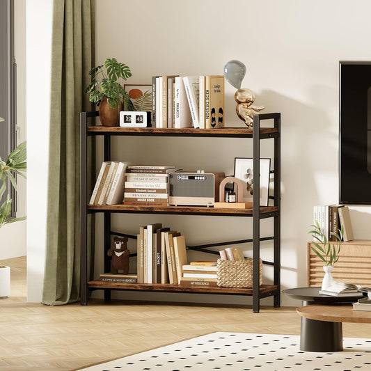 Book Shelf, 3 Tier Bookshelf 31.49" Width, Book Shelf Storage and Organization, Wooden and Metal Industrial Bookcase, Large Book Shelves for Home Living Room Bedroom Office Storage(Vintage)