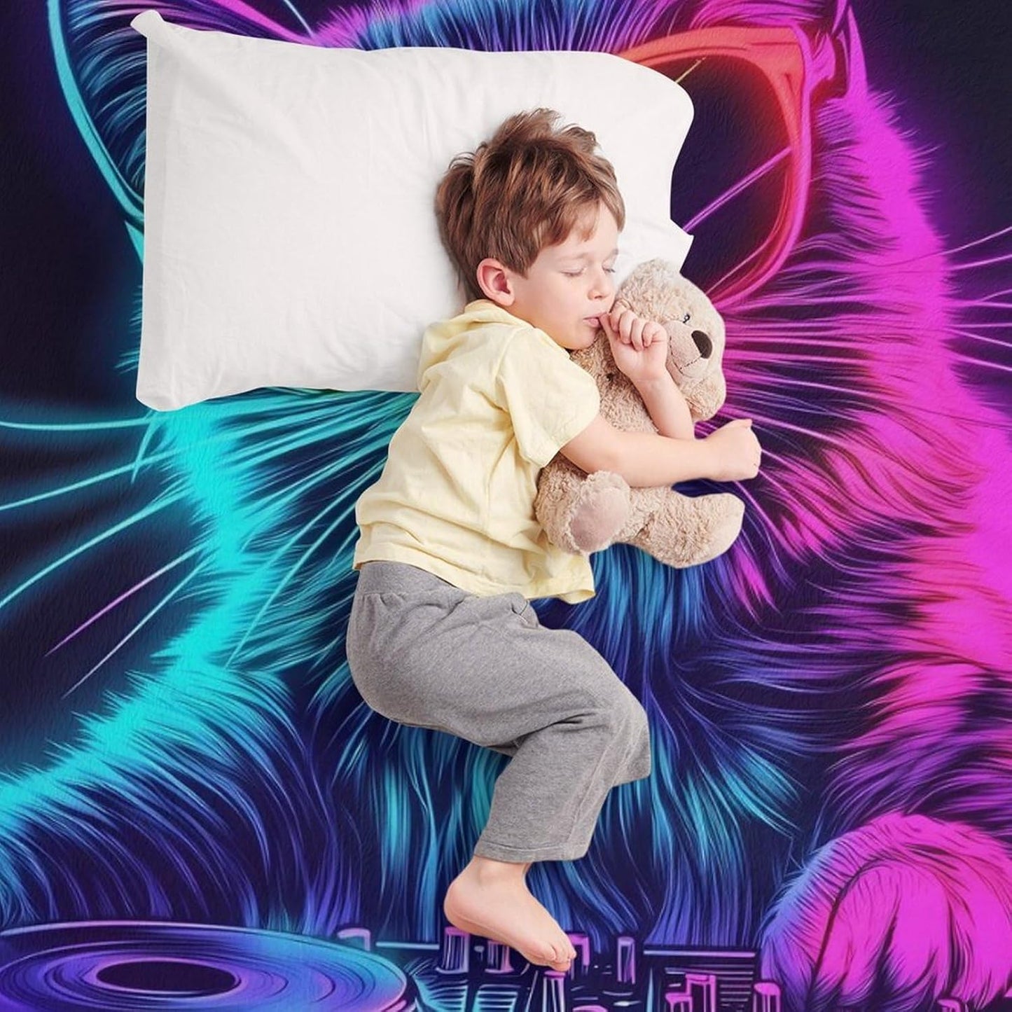 Rainbow DJ Cat Throw Blanket for Couch Bed Plush Cozy Fuzzy Flannel Blanket for All Season 30"x40"