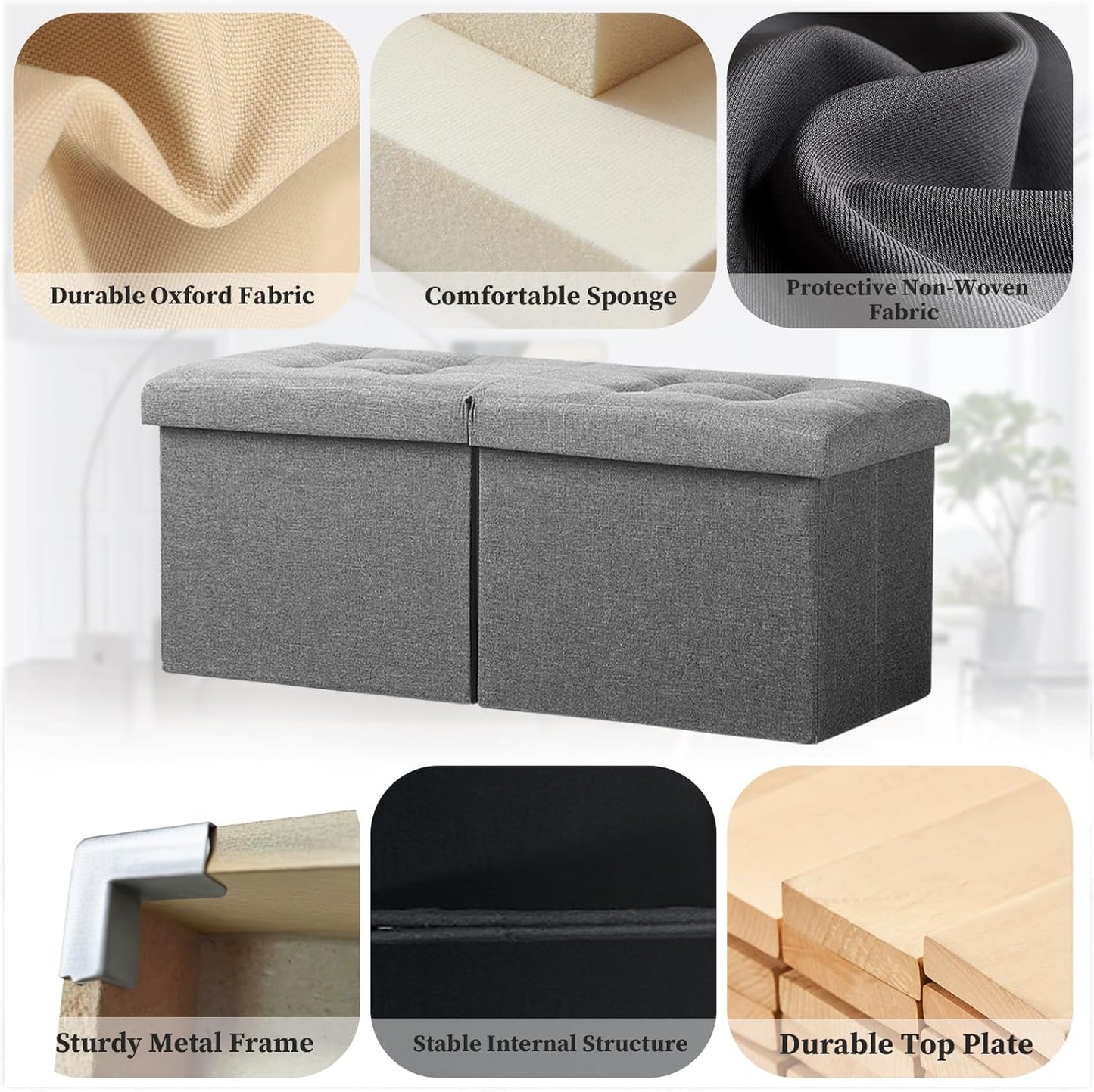 Storage Ottoman Bench with Folding Lid Ⅲ, Foot Stools Opens on Both Ends, Footrest Foldable Linen Chest for Living Room, Bedroom, Entryway, End of Bed Storage Blanket Ottomans Dark Gray