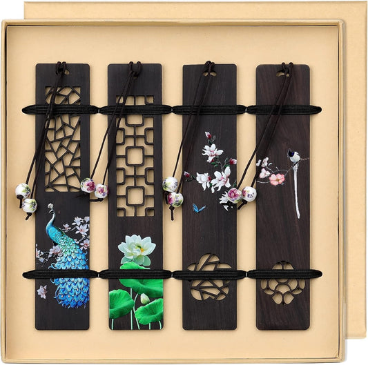 ZIZZON Wooden Bookmark for Men Women, Handmade Natural Wood Carving, Hollow Out and Painted Craft, Ideal Gifts for Men Women Friends Girls Teachers, Birthday Present (Peacock and Lotus)