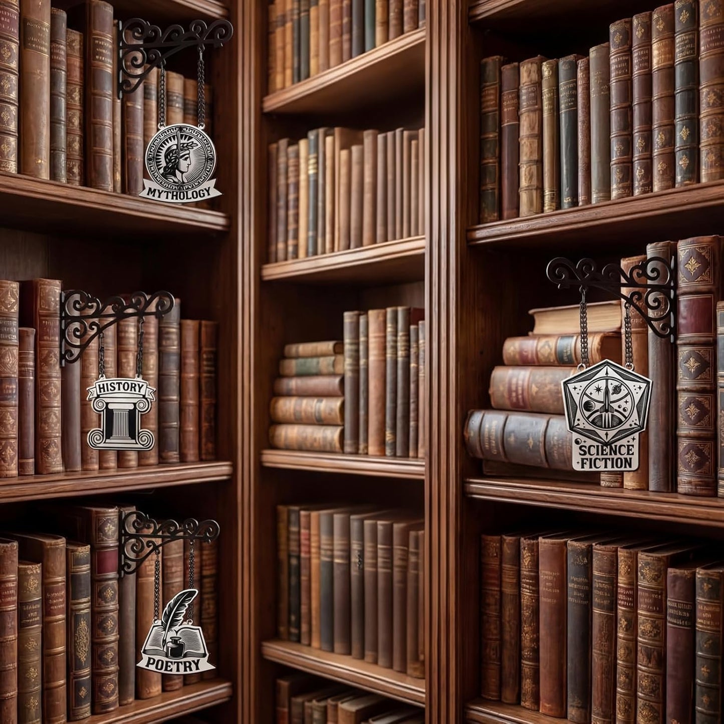 Set of 10 Vintage Literary Style Wooden Book Genre Signs for Bookshelf Genre Labels with Hanging Brackets Medieval Tavern Wall Art Home Library Book Dividers for Shelves Reading Library Decor