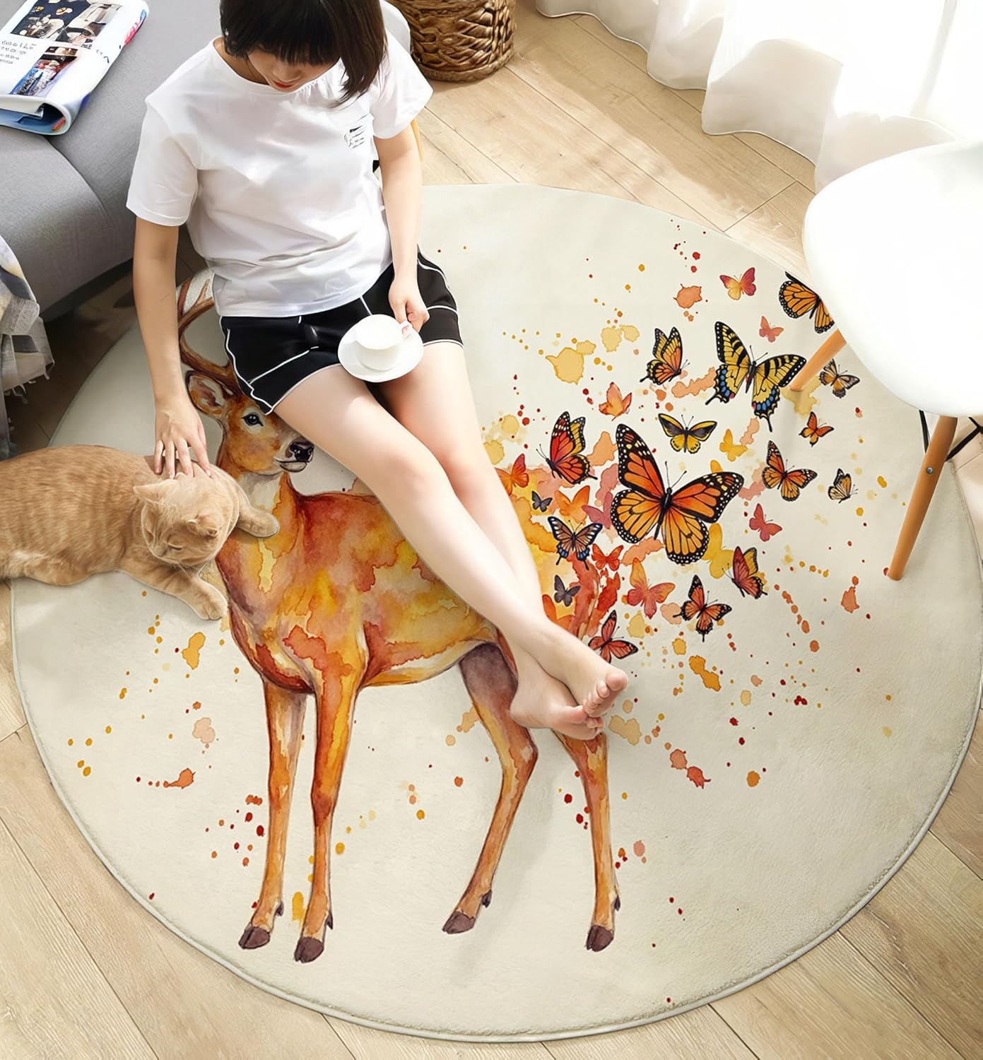 Round Rug for Kids Room, Watercolor Deer Butterfly Round Rugs 3Ft, Simple Animal Design Circle Rug, Beige Washable Circle Carpet for Living Room Bedroom, Non Slip Low Pile Thin Area Rugs