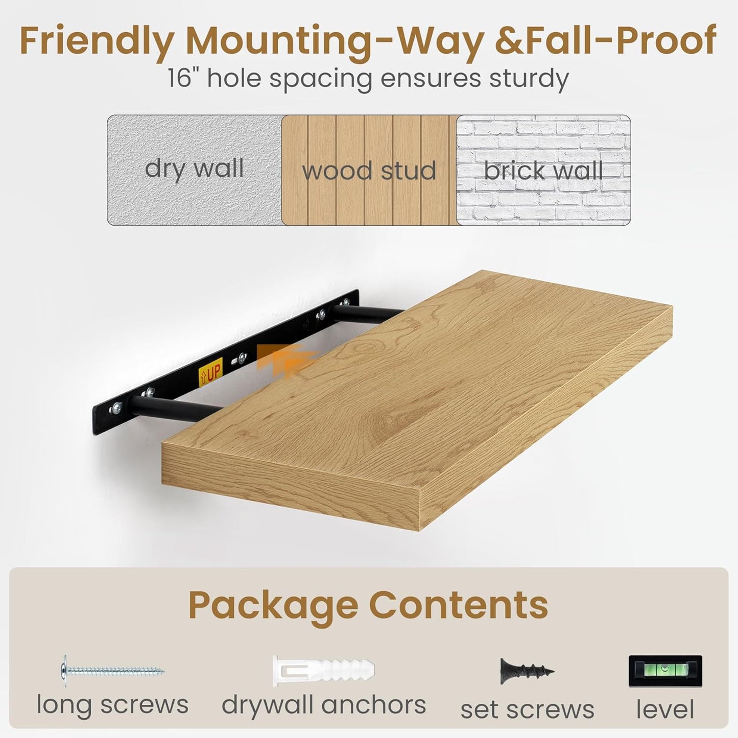 Fun Memories 48 Inch Floating Shelves, 9.3 Inch Deep Wall Shelves for Bathroom, Living Room, Bedroom, Kitchen, Deep Long Shelf Wall Mounted 1 Pack Shelf for Books, Decor, Oak