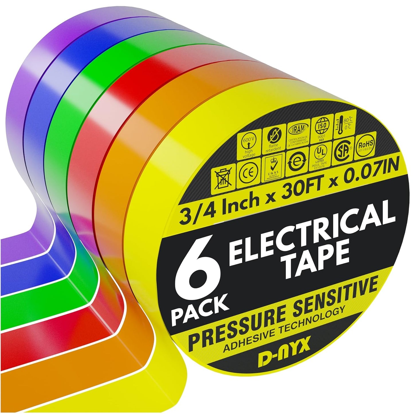 6 Pack Color Vinyl Electrical Tape, Waterproof Flame Heat & Weather Resistant IndoorOutdoor High-Temperature Professional Grade Electric Wire Colored Tape 3/4 in x 30 FT x 7 Mil E Tape