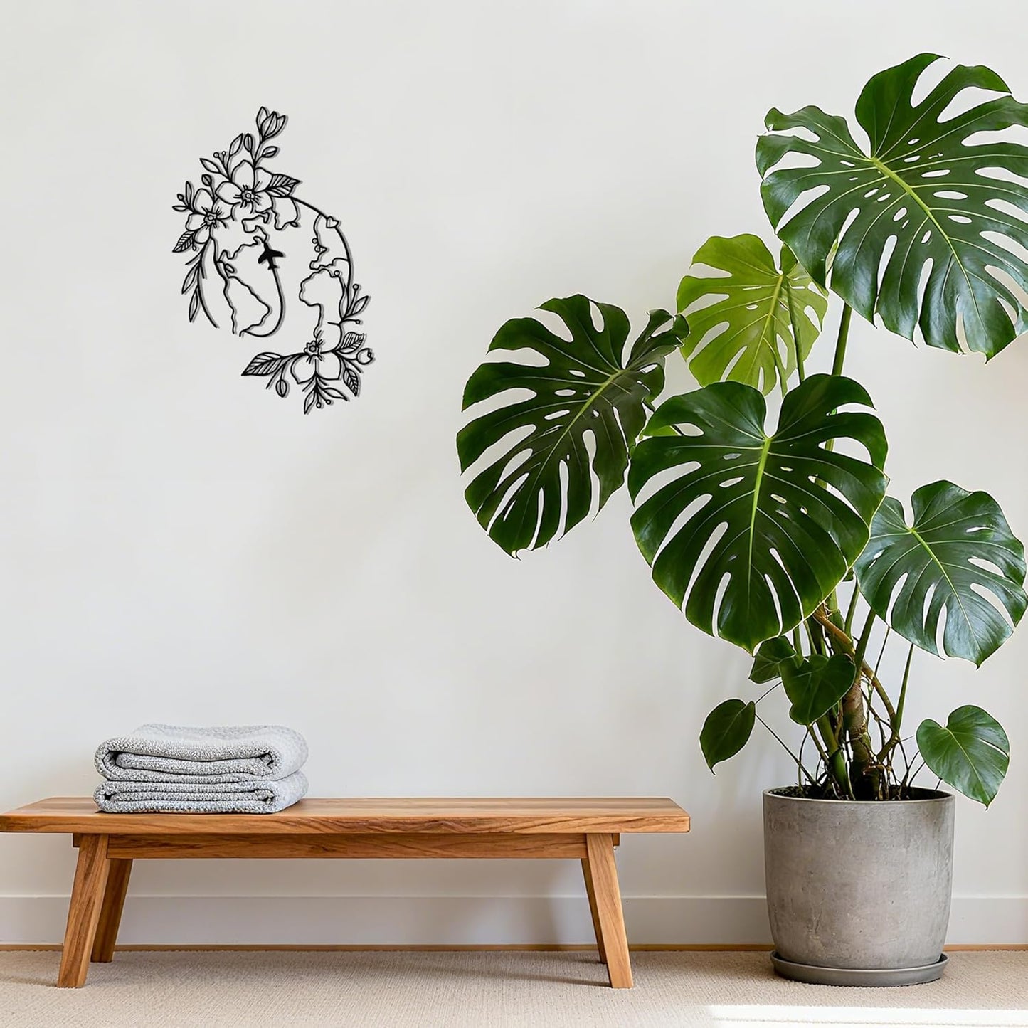 YATEASLU Metal Travel Wall Decor, Travel Themed Decor with World Map Design, Bedroom & Living Room Wall Art Gift for Travelers (Flower & Plane)