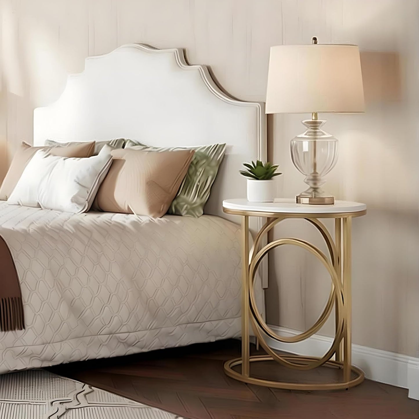 LITTLE TREE 20” Round End Table,Modern Sofa Side Table with Gold O-Shaped Base, Faux Marble White Cocktail Table Accent Table Nightstand for Living Room Bedroom