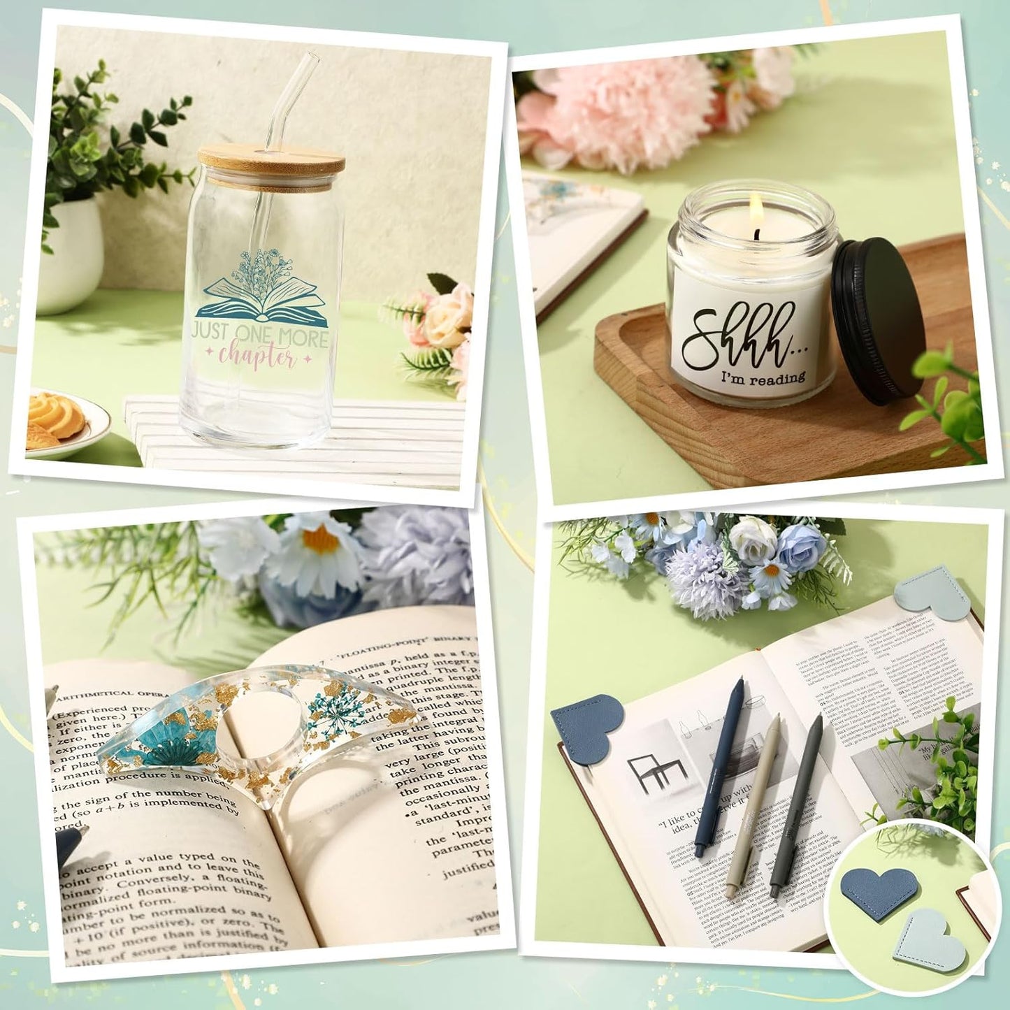 Marspark 12 Pcs Book Lovers Gift Set for Women Include Canvas Tote Glass Cup Makeup Pouch Floral Soy Candle Heart Bookmarks Page Holder Pens Sticky Notes Book Club Gift for Readers Librarians