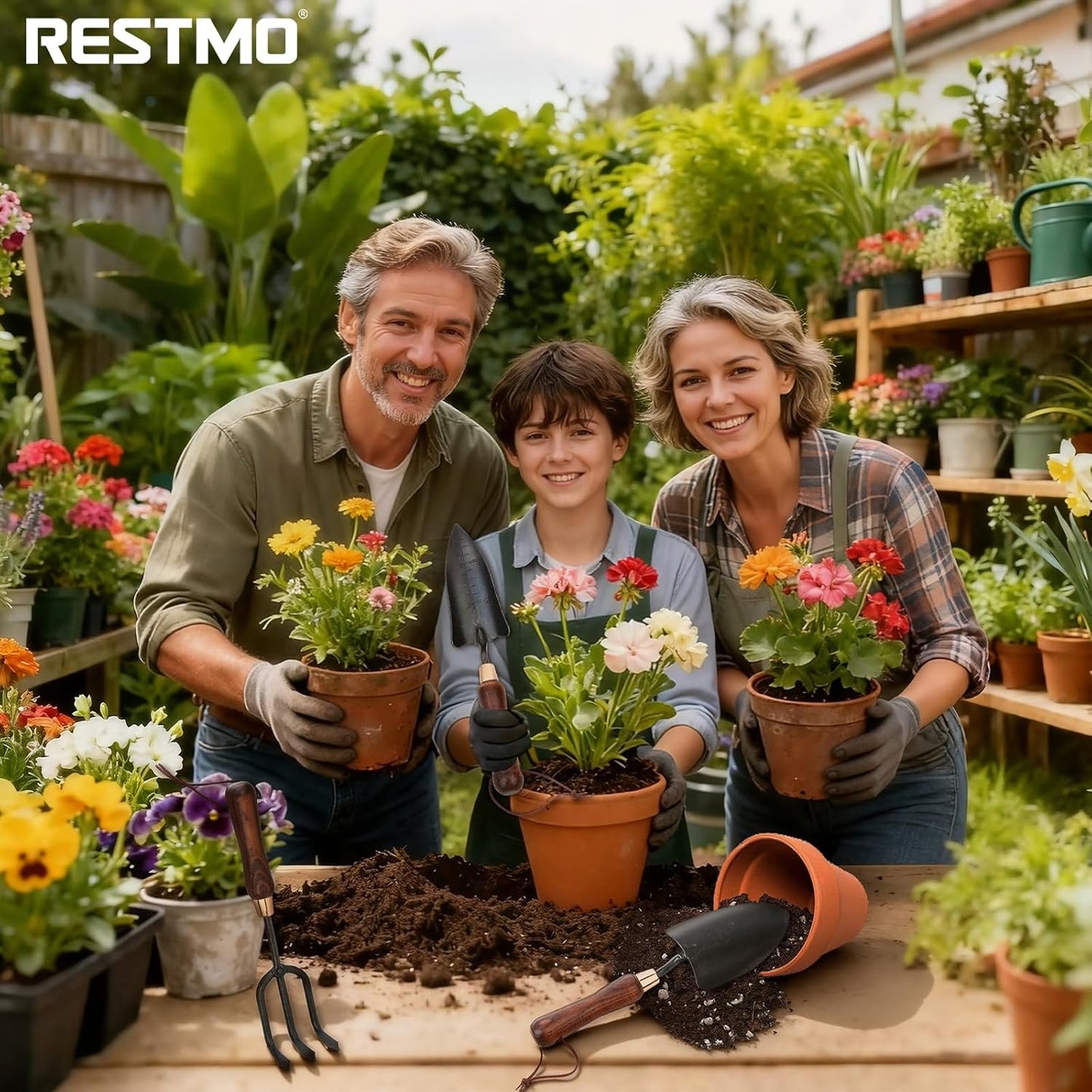 RESTMO 3-in-1 Heavy Duty Gardening Tools Kit, Premium Carbon Steel Garden Hand Tools with Ergonomic Wooden Handle Includes Trowel, Transplanter, and Cultivator, Ideal Gardening Gifts for Gardener