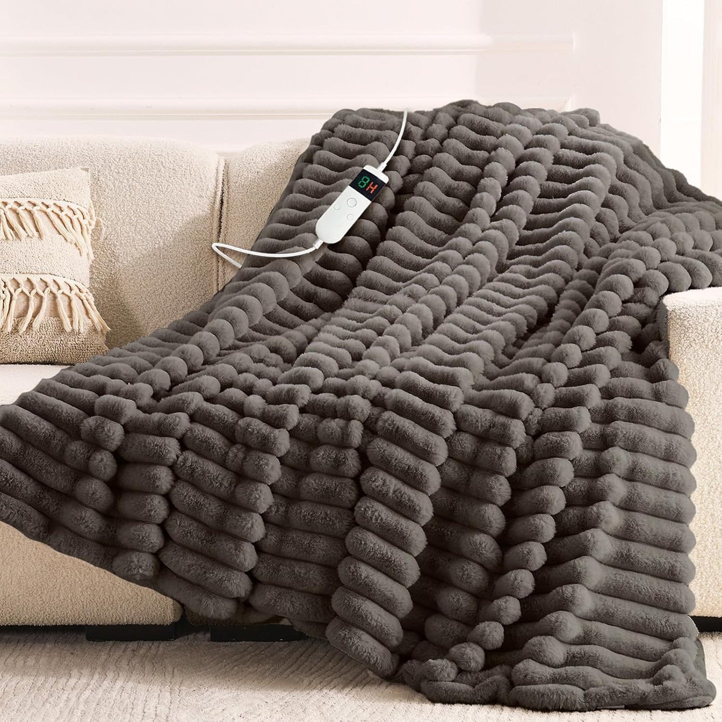 Heated Blanket Electric Thick Striped Flannel Heating Blanket Throw Blanket 50"x60",10 Heat Settings, 1-12 Hour Auto Off, Fast Heating Heating Blanket with Overheat Protection.