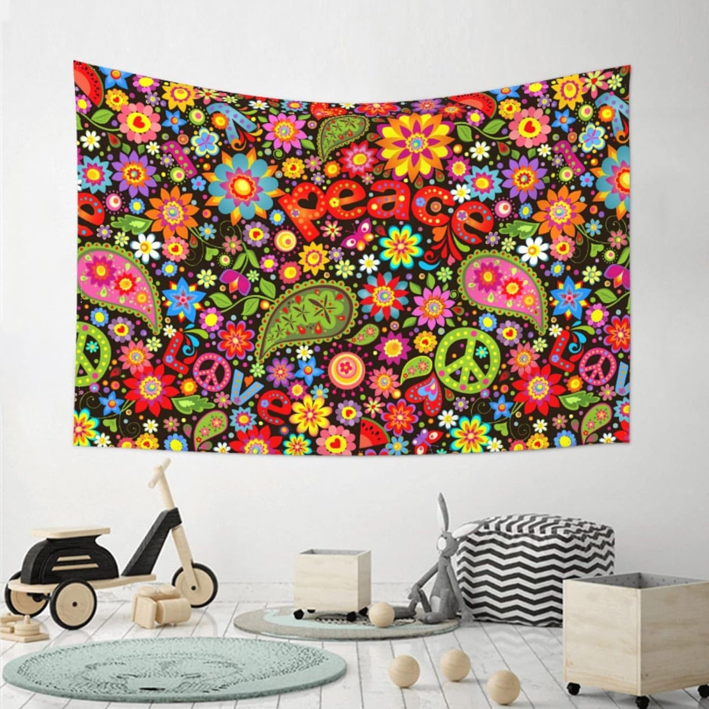 KOSUES 60s 70s Hippie Flowers Peace Sign Love Symbol Tapestry Wall Hanging Tapestries Wall Backdrop Room Poster Art Aesthetic Decor for Home Office Bedroom Living Room Dorm 60x40 Inch